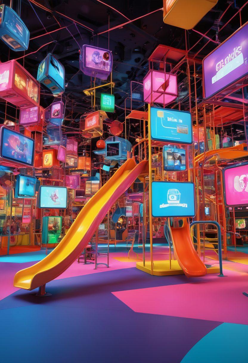 A dynamic digital landscape featuring various popular adult media platforms represented as colorful playground equipment, like slides and swings, surrounded by playful icons of hot clips and video thumbnails. The atmosphere is vibrant and engaging, capturing the essence of exploration and innovation in a digital playground. Include glowing screens and diverse characters interacting joyfully in the space. futuristic, vibrant colors, 3D.
