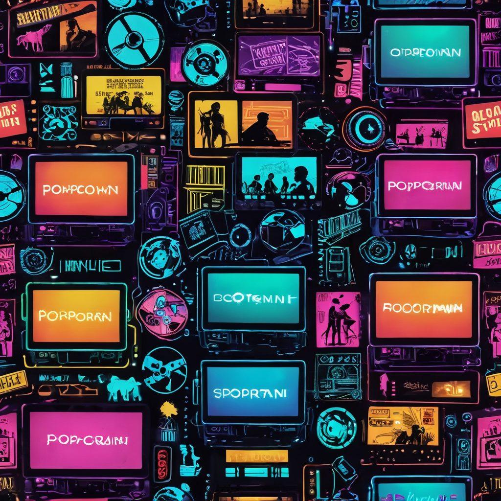 A dynamic collage of various adult streaming elements, featuring a vintage film reel intertwined with modern digital screens displaying seductive content. Incorporate silhouettes of diverse viewers absorbed in the experience, set against a pulsating neon background to evoke excitement. Elements like cameras, popcorn, and playful emojis should subtly enhance the theme of entertainment and allure. Vibrant colors. cyberpunk style.